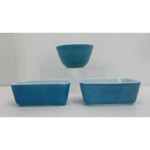 3 2-Vintage Primary Blue Pyrex 502-B Refrigerator Dish No Lid & 401 Mixing Bowl